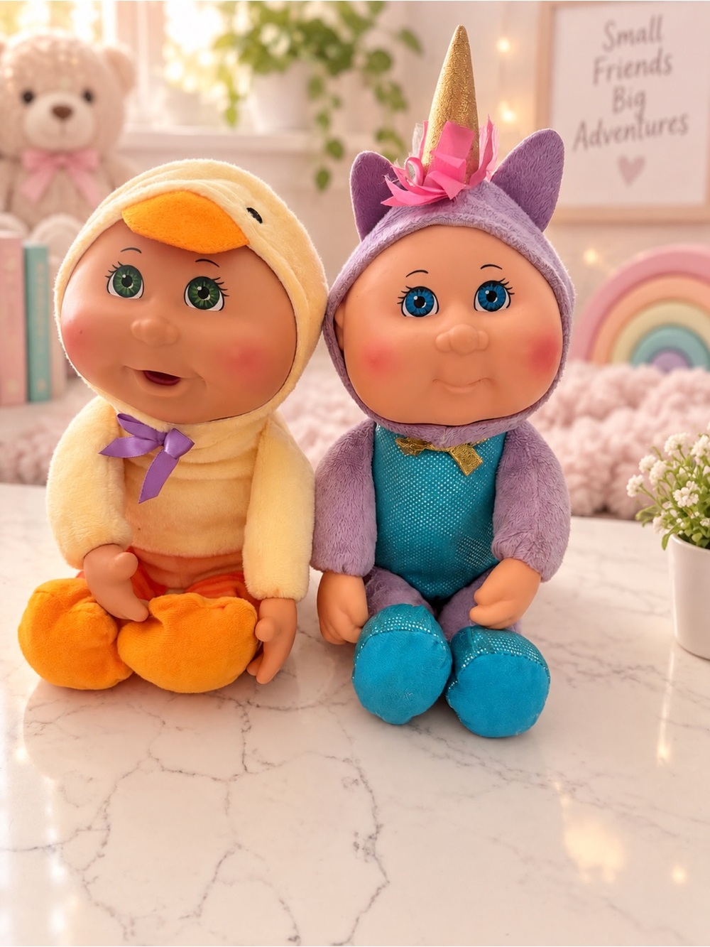 Cute Plush Kids Doll Duo in Yellow Duck & Purple Unicorn Costumes